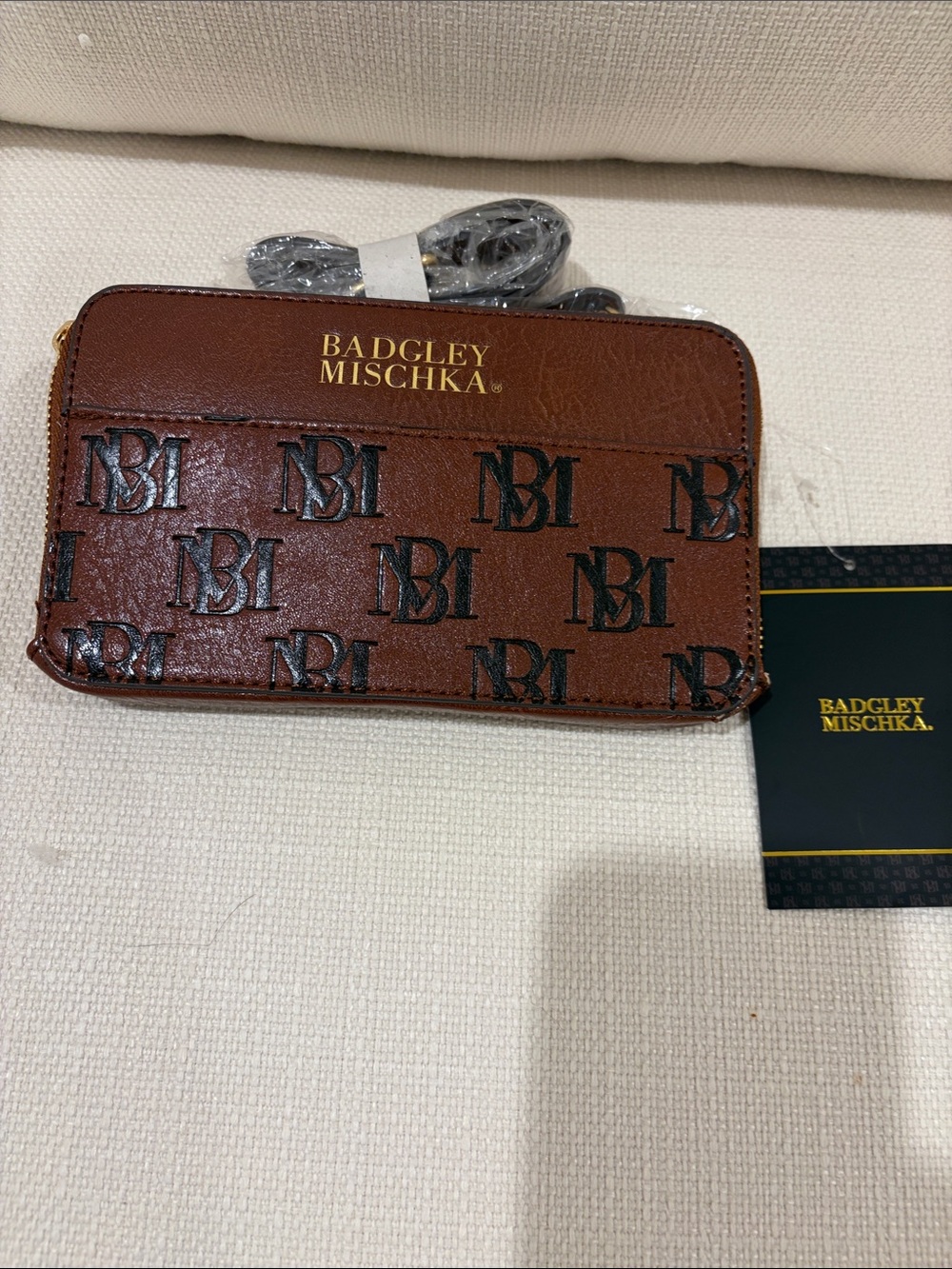Badgley Mischka Brown Logo Zip Card Holder with Gold Accents